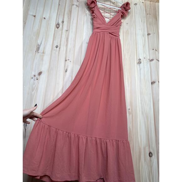 NWT Lulus Soiree Celebration Rusty Rose Ruffled Lace-Up Maxi Dress Bridesmaid S - Picture 8 of 9